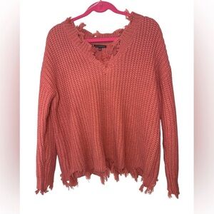 Staccato Distressed Knit Sweater Mauve Pink V Neck Boho Grunge Small